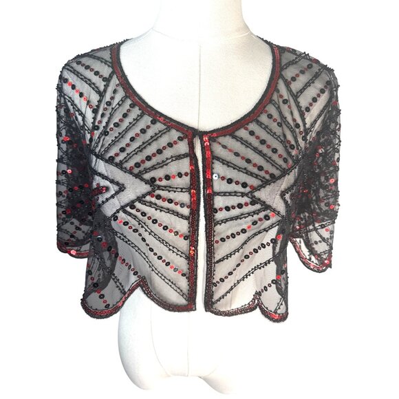 Vintage OS Style Red & Black Evening Sequin Cape Round Neckline Shrug - Picture 7 of 15